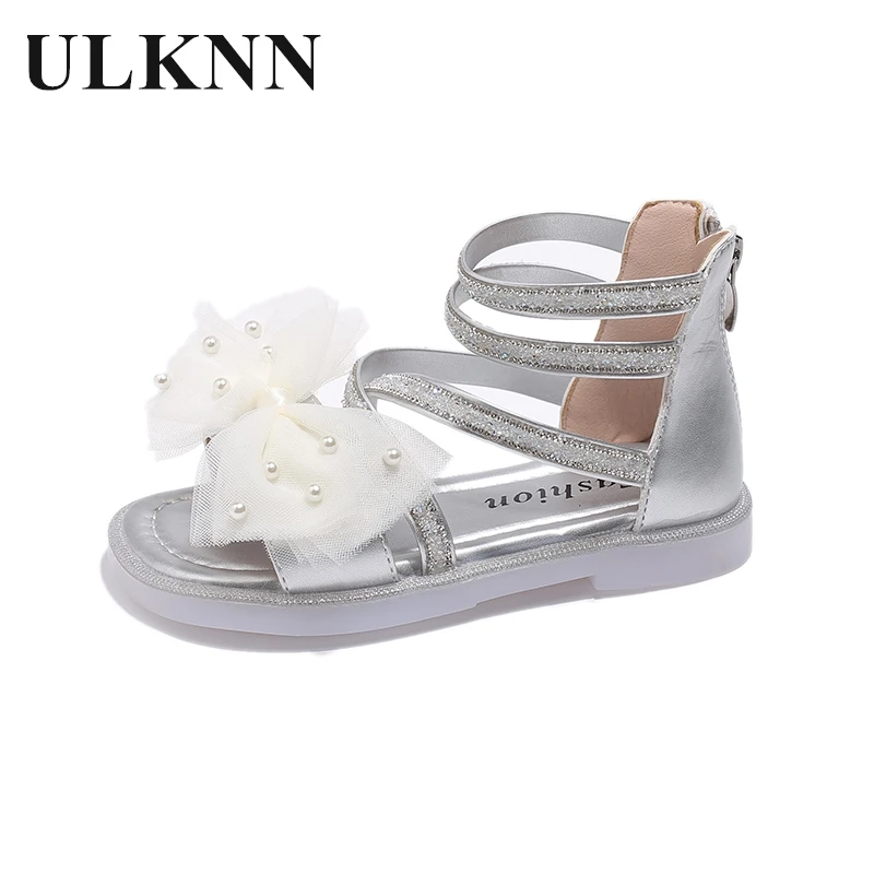 Girls Roman Sandals Primary School New Children's Rhinestones Fashion Bow Princess Shoes Soft Soled Non-slip Beach Shoes