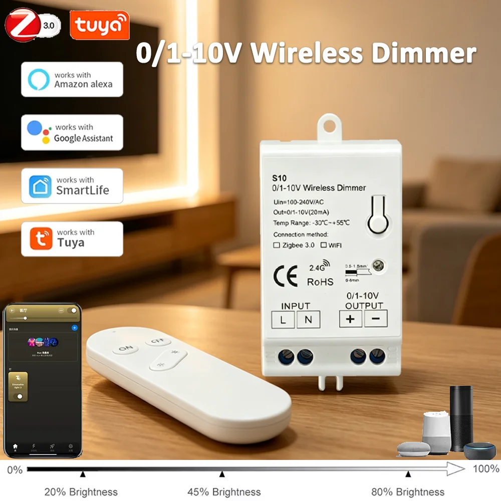 Zigbee3.0 0-10V 1-10V Dimmer-Controller LED-Lichtstreifen-Treiber mit Fernbedienung Tuya Hub APP/Sprachsteuerung für Alexa Google