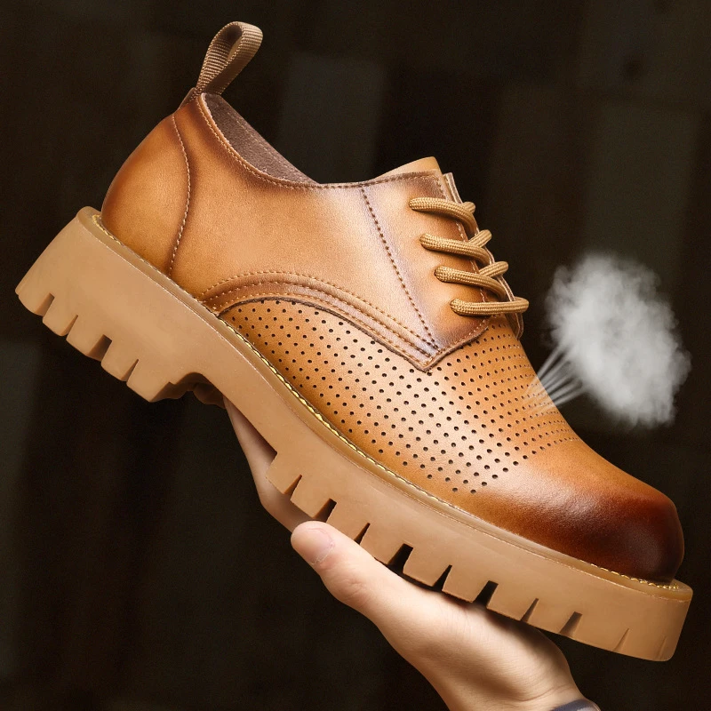 

Brown Burnished Genuine Leather Perforated Lace Up Chunky Platform Oxford Shoes Breathable Summer Casual Business Formal Shoes
