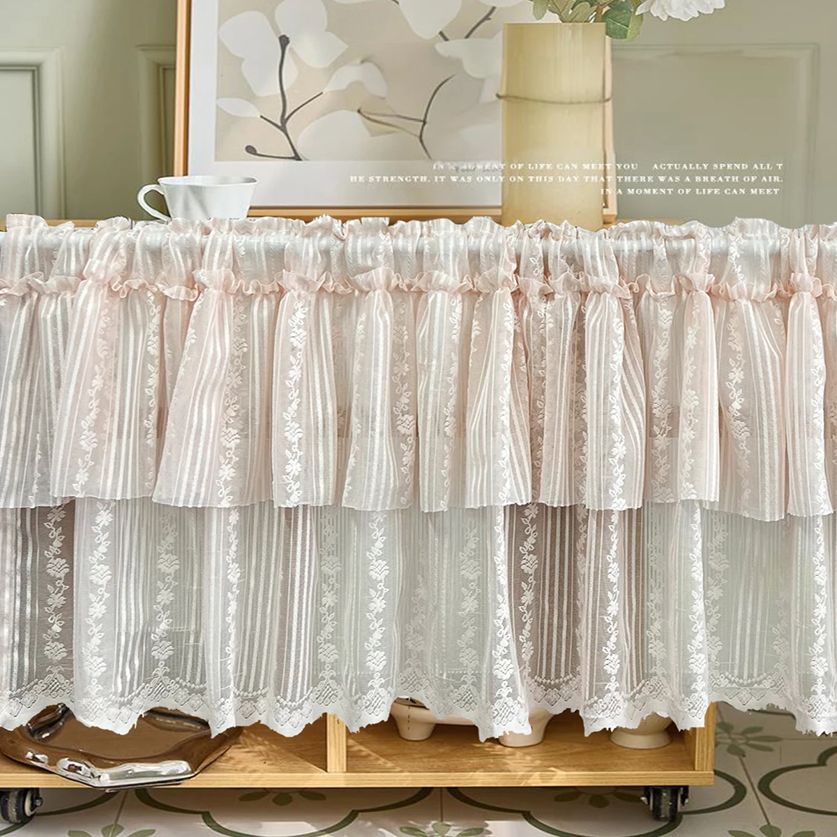 Rose Floral Pink Jacquard Double Layer Ruffled Short Curtains For Kitchen Decoration ,Romantic Style Small Window Tulle Drapes