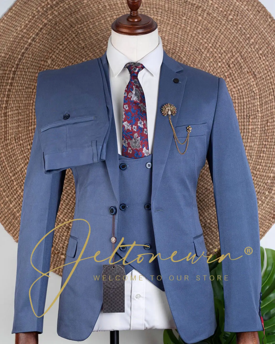 

Мужской синий костюм-тройка с пиджаком на одной пуговице и двубортным жилетом, приталенная официальная одежда для свадебной вечеринки, жениха