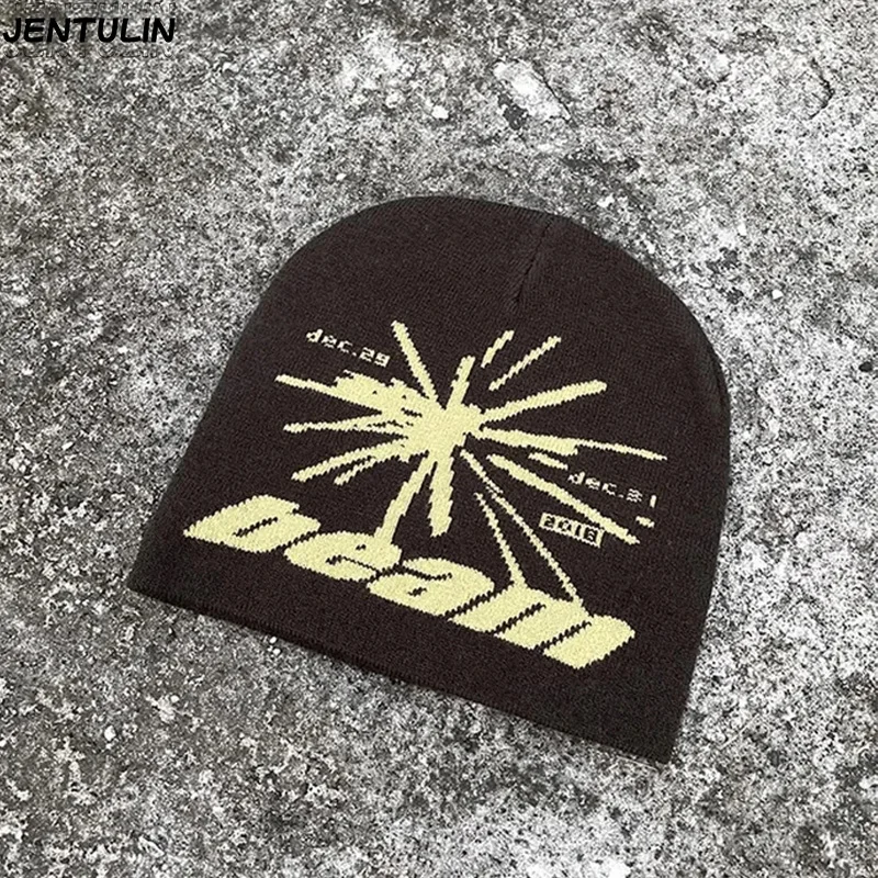 Gorro Kpop con letras de estrella para hombre, gorro estilo Y2k de punto marrón, gorro con visera de Hip Hop, ropa de calle de lana, moda de invierno, sombrero Harajuku Jacquard