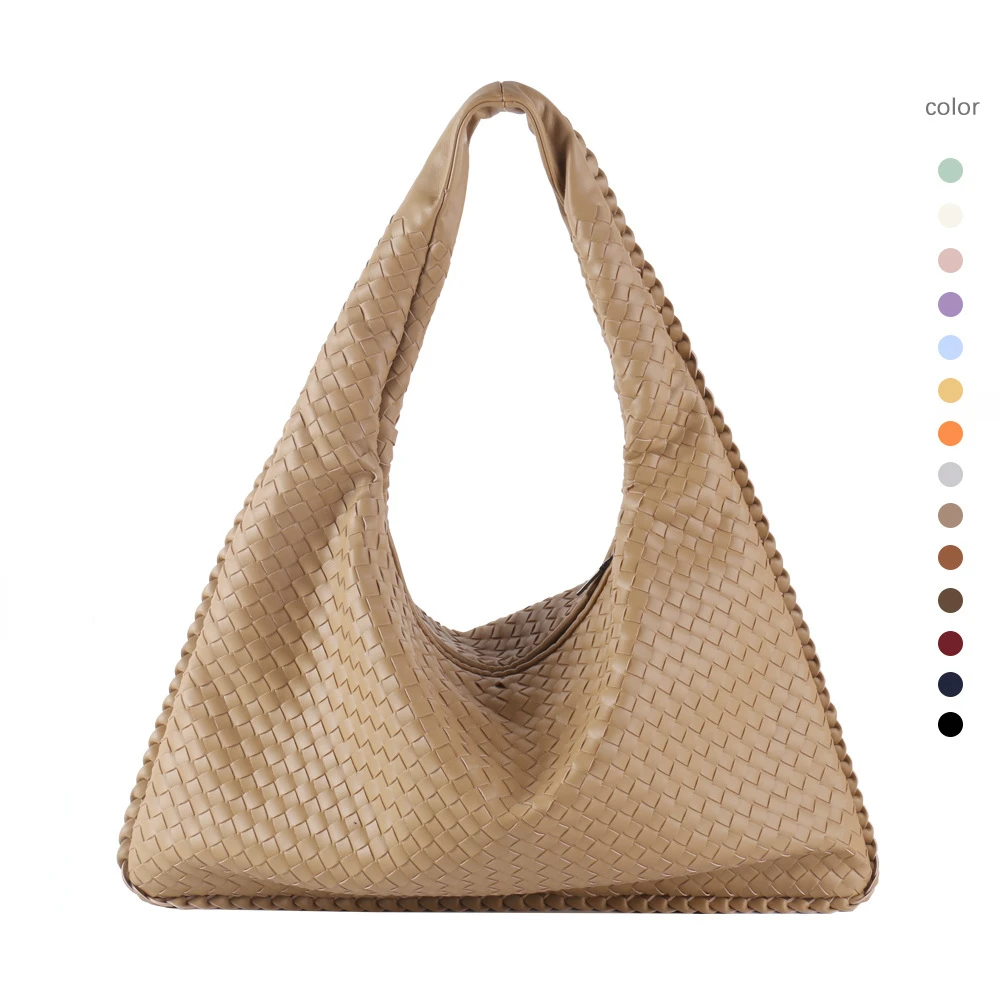 Woven Solid Color Large Capacity Handbag for Women, Shoulder Bag Simple Casual Soft Leather Shopping Bag