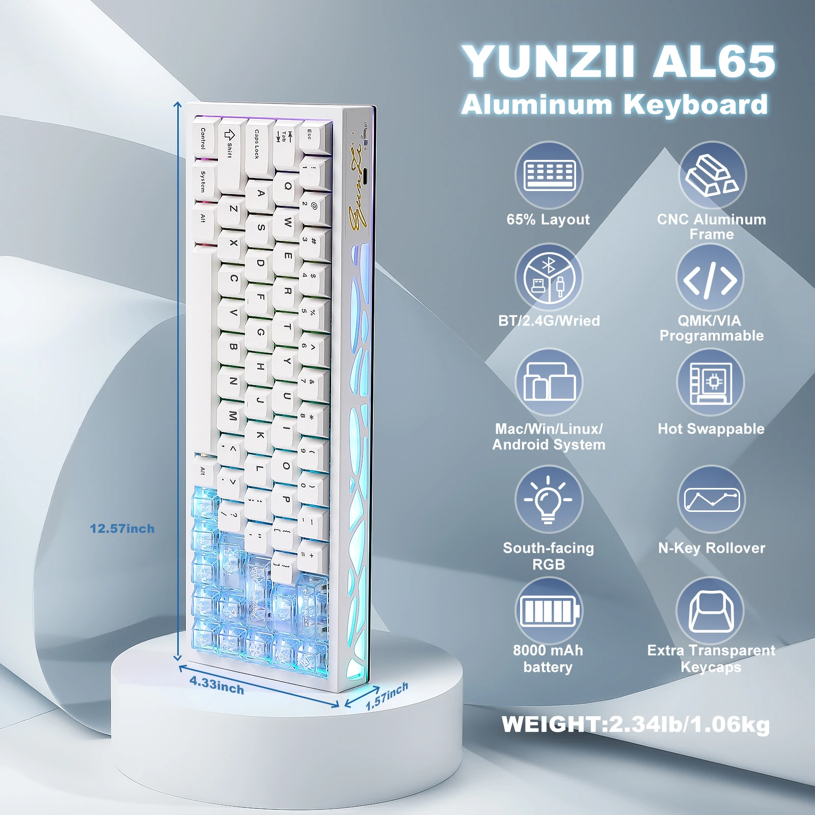 YUNZII AL65 ホワイトアルミニウムメカニカルキーボード、QMK/VIA