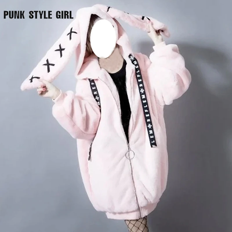 2024 Lolita Cute Hooded Plush Coat Autumn Winter Hot Girl Sweet Cool Jacket Women\'s Rabbit Ears Thick Plush Cotton-Padded Coat