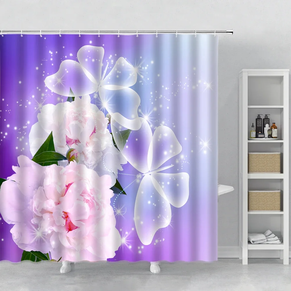 Flowers and Butterflies Shower Curtain Beautiful Blue Floral Bathroom Curtain Bathroom Set Hook Polyester Fabric Hanging Cloth