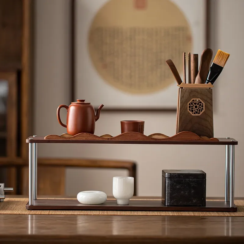 Chinese Style Walnut Wood Tea Set Display Stand Double Layer Kung Fu Teaware Storage Rack Household Ornament Shelf for Living