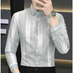 Korean Clothing Smart Casual Men Slim Striped Shirts Spring Autumn Streetwear Fashion Male Long Sleeve Business Smooth Tops