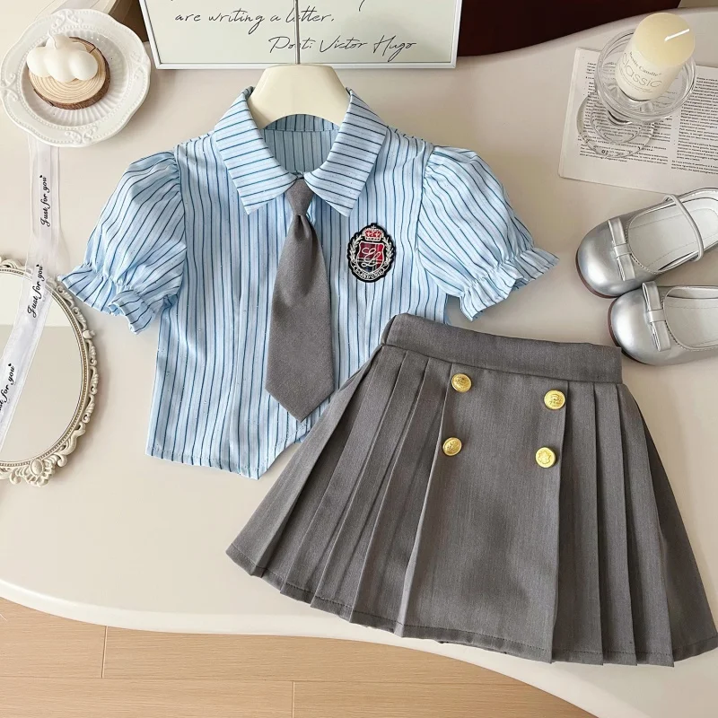 

2024Summer New Girls' Striped Shirt Skirt Suit Girls' Handsome Uniform Suit Suit24231