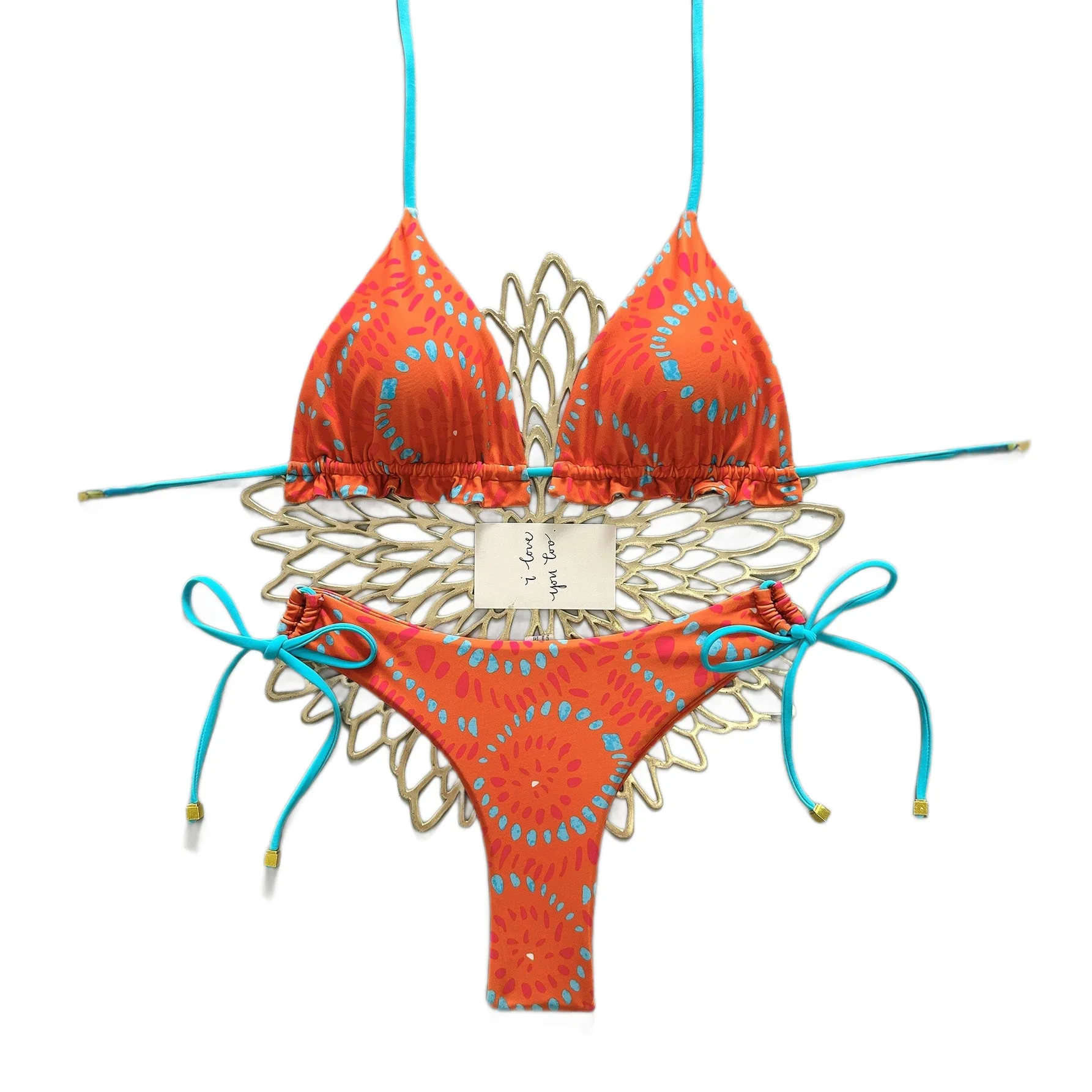 2026 New Orange Print Tie-Dye Bikini Two-Piece Swimsuit Women's Cross-Border Brazilian Vacation Swimwear Sexy Polyester Fabric
