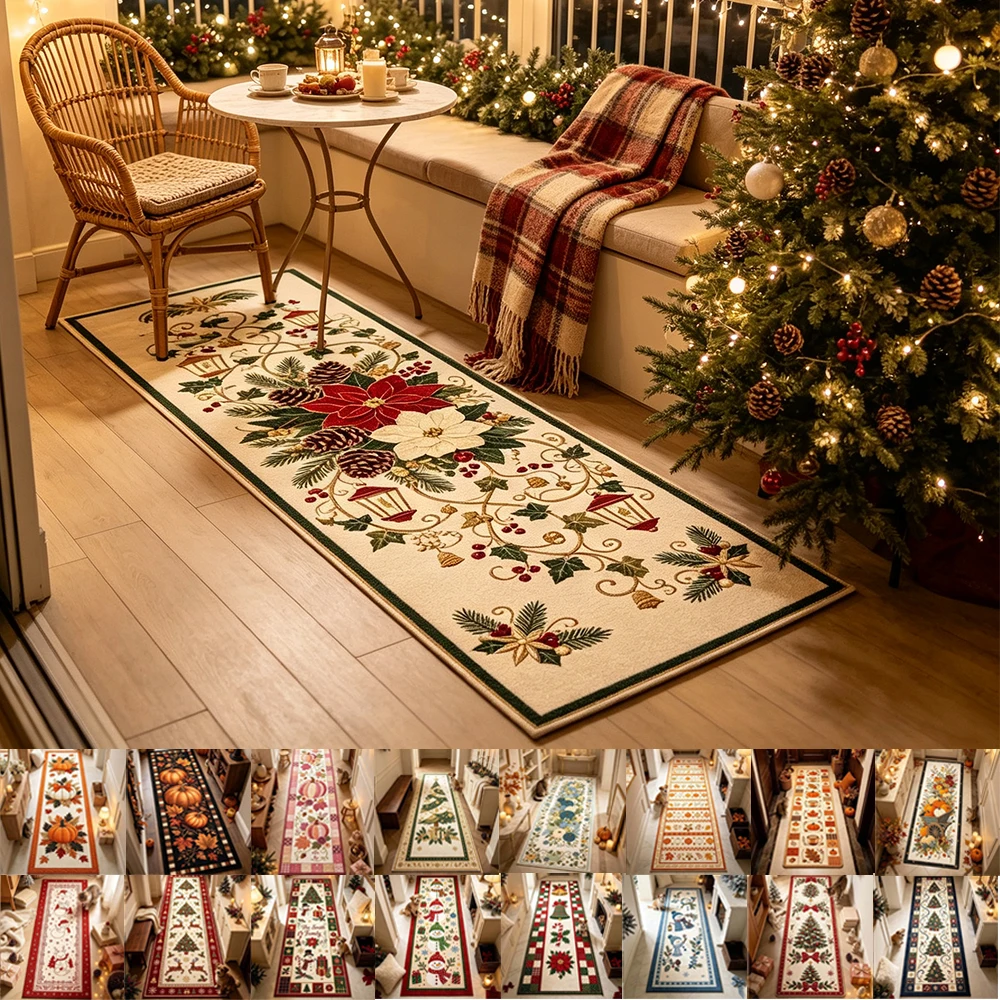 Christmas Corridor Runner Carpet Santa Claus Snowman Pattern Decor Hotel Hallway Anti Slip Washable Luxury Floor Mat Aisle Rug