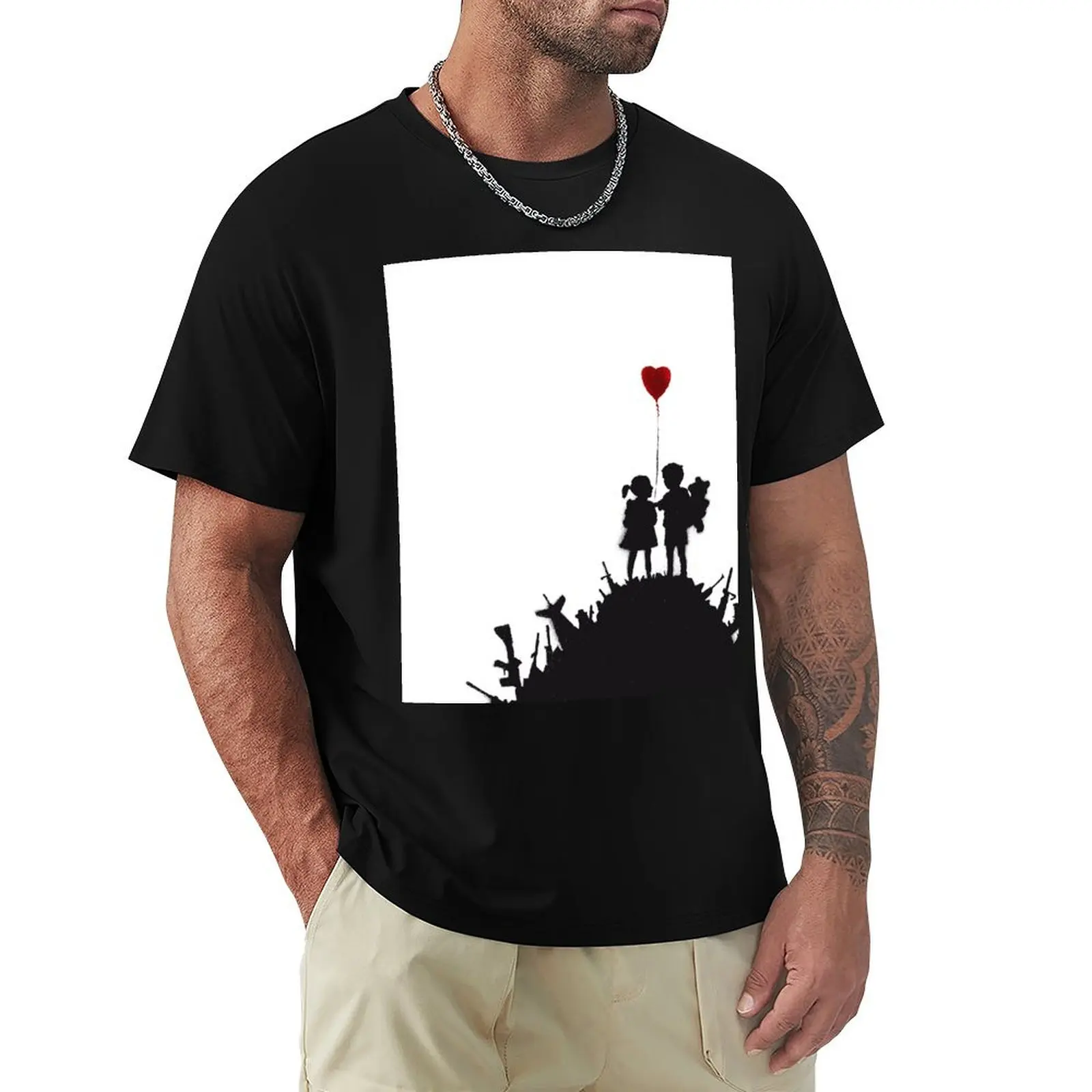 Banksy graffiti children boy and girl with heart balloon on a pile of weapons Art for Kids, just a platform HD T-Shirt