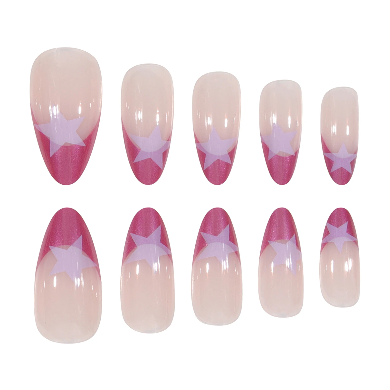24Pcs Purple French Press On Nails Nude Color Almond False Nails Five-pointed Star Printed Y2K Girls Charm Manicure Nails Art