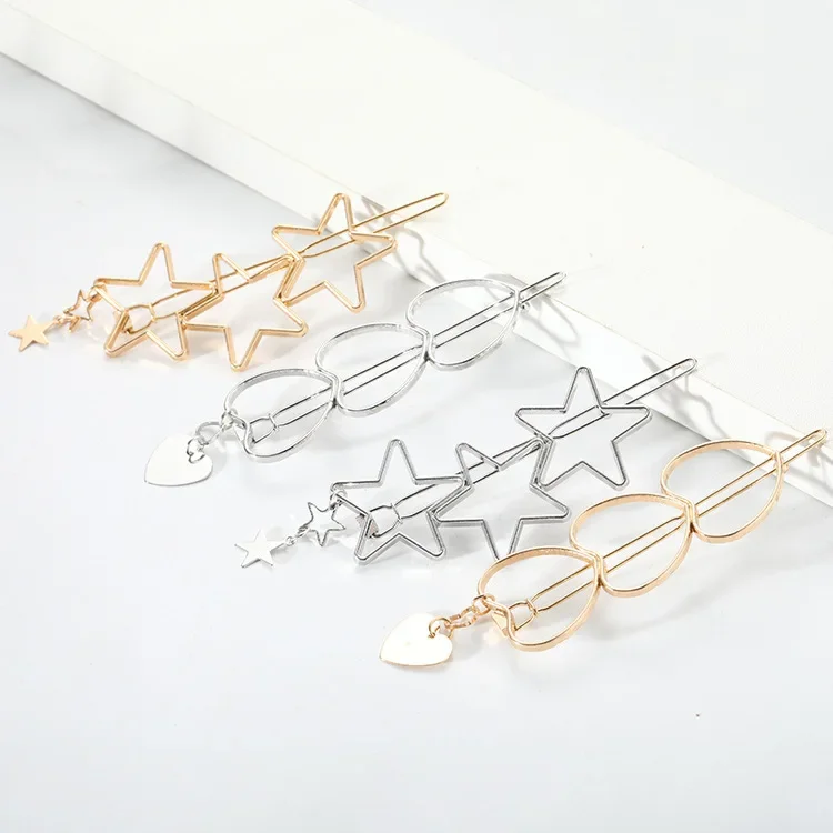 New Popular Cute Delicate Sweet Girl Heart Metal Hollow Three Five-pointed Star Heart Folder Liu Hai Clip Wedding Accessories