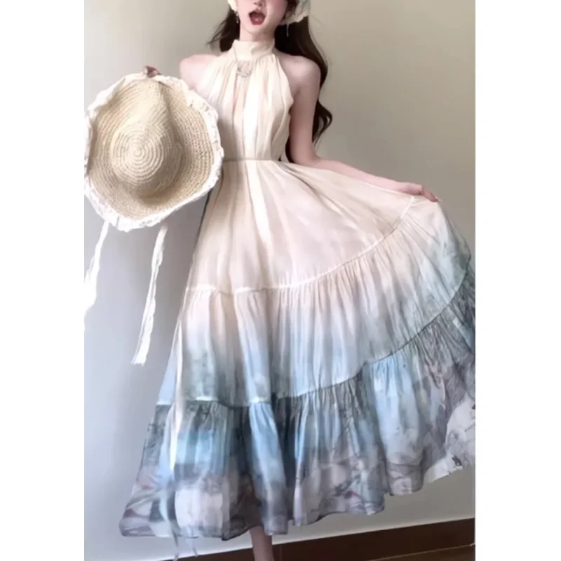 New Chinese style printed dress with a hanging neck  long skirt for vacation large swing half skirt