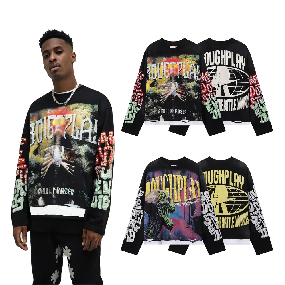 

Streetwear Skull Printed Graphic Long Sleeve Tees Street Style Clothing Distressed Cotton Casual Rock Revival Patch Work T Shirt