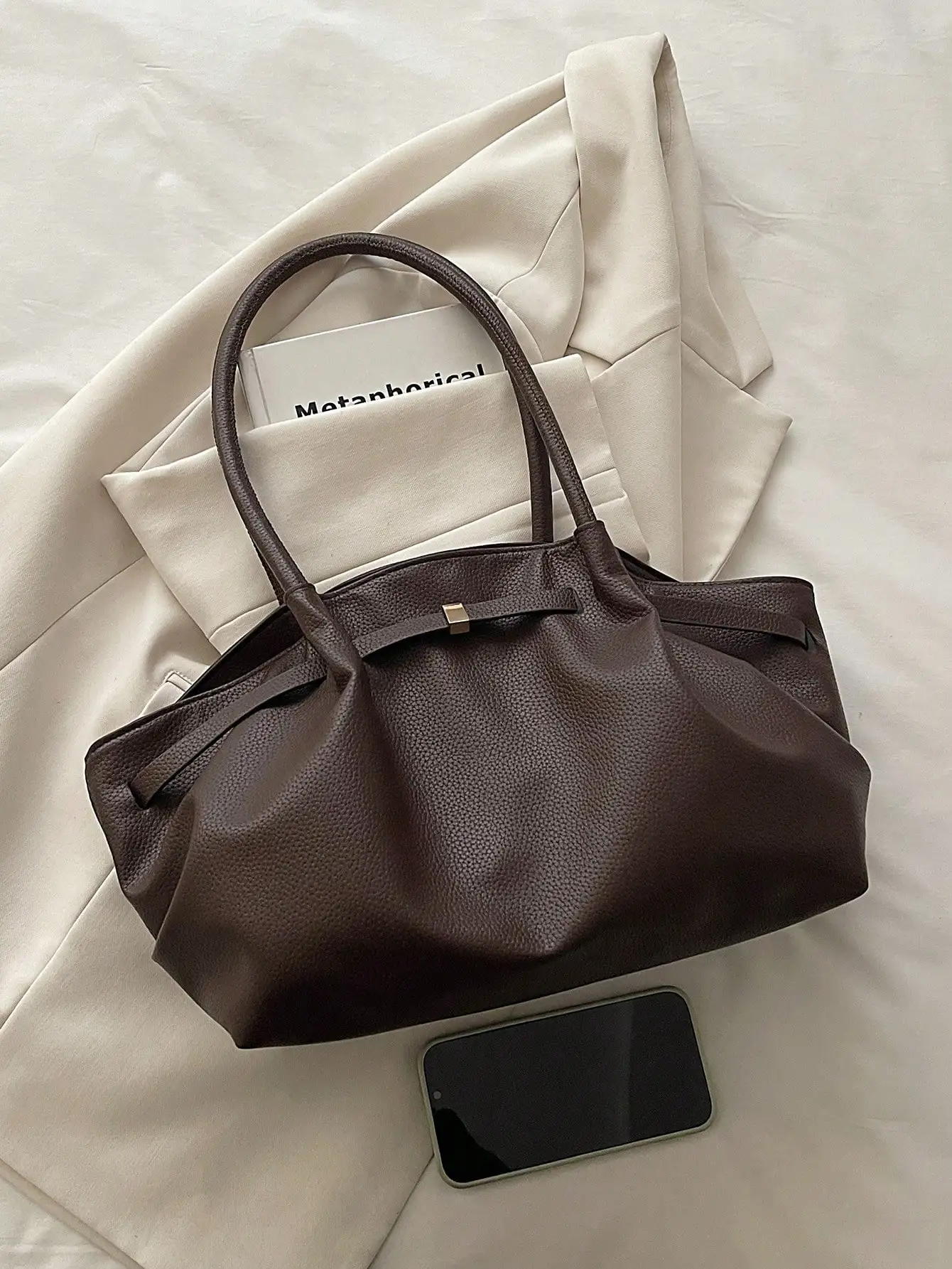 

1pc Vintage Women's Handbag, Casual Fashion Large Capacity, Underarm Shoulder Bag, Solid Color Buckle Closure, Embossed Texture, Strap Decor