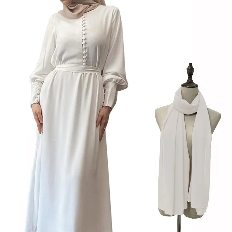 Women's Fashion Elegant Front Buttons Abaya Dress+ Scarf Suit  High Waist 2 Pcs Muslim Sets Chiffon Abaya Arab Kaftan Robes Set