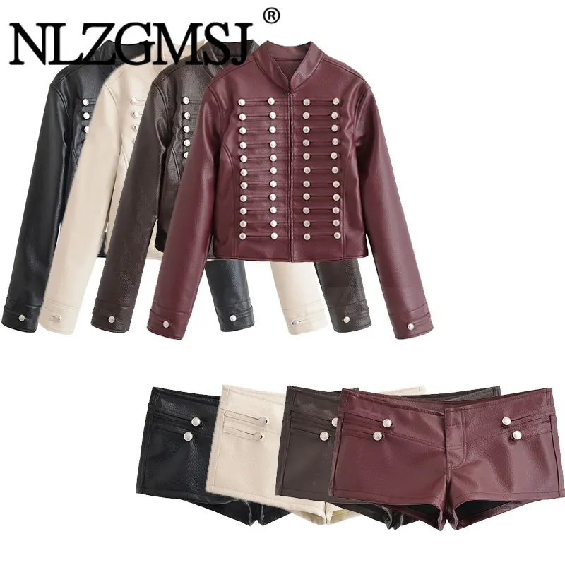 NLZGMSJ 2026 Autumn Vintage Women's Faux Leather Jacket Shorts Set Fashion Jacket+Sexy Low Waist Shorts Streetwear Outfit