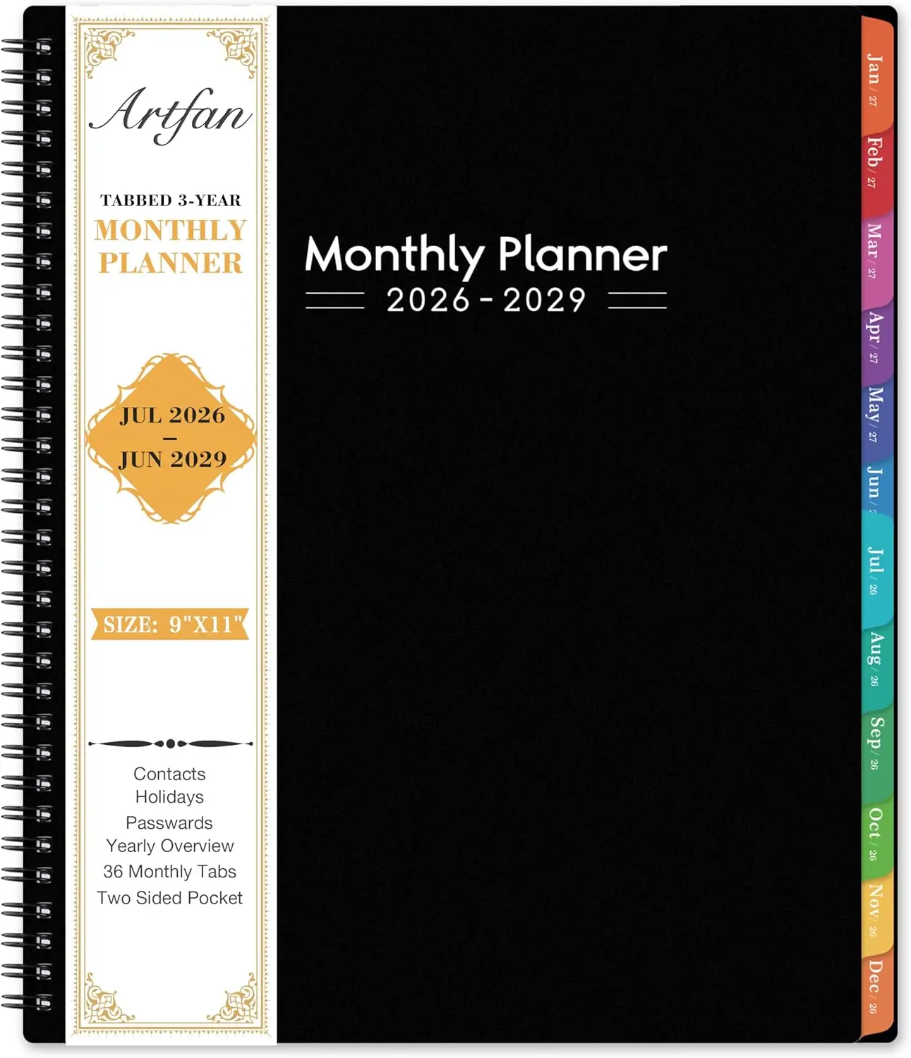 

Ежемесячный планировщик на 2026-2029 годы, 36-месячный календарь с цветными разделителями и карманом, черный