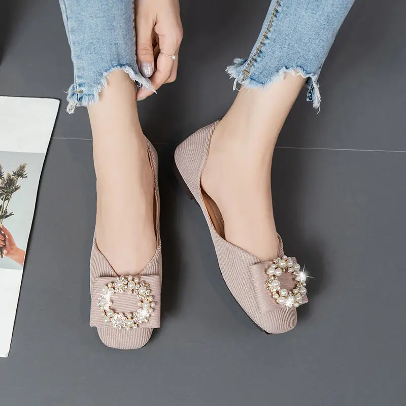 Cute Green Square Toe with Crystals Ladies Summer Footwear Pink Flats Rhinestone Kawaii Black Shoes for Women 2024 Diamond Flat