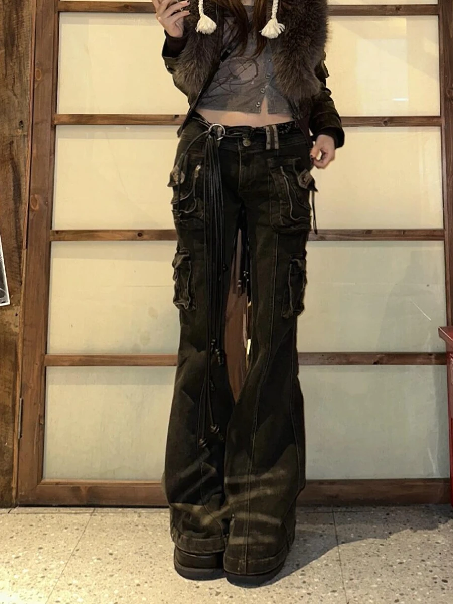 

Retro American Large Size Denim Jeans Women's Slimming Bootcut Long Trousers Multiple Pockets Workwear Vintage Style