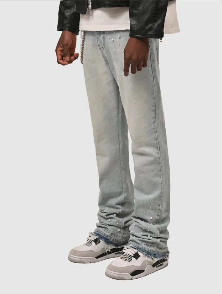 2025 Men's Punk Style Splicing Pocket Beading Large Straight Jeans Male Vintage Four Seasons Trousers Street Casual Denim Pants