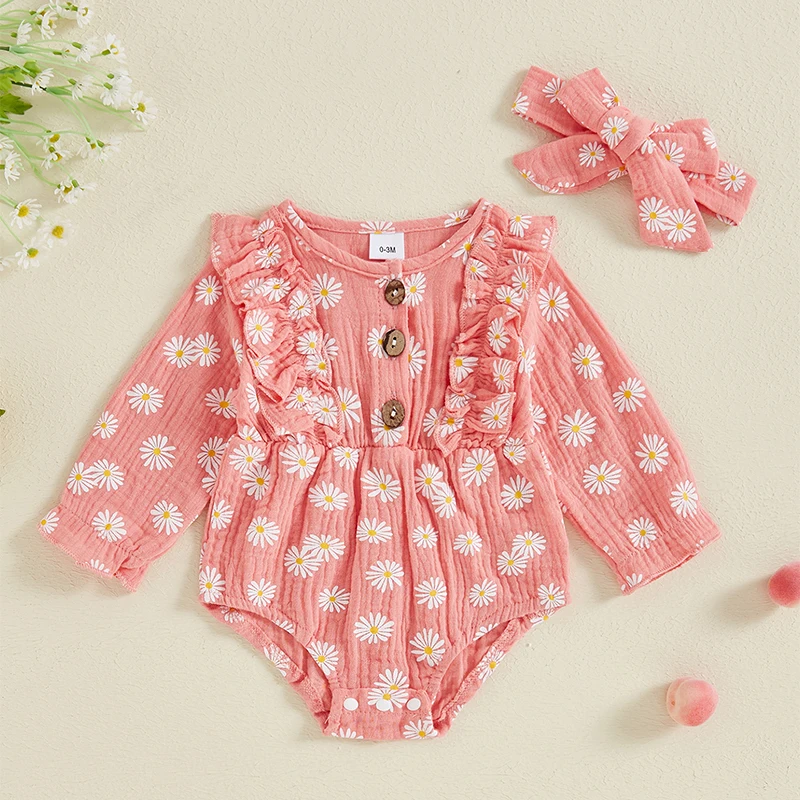 Conjunto de 2 peças de Daisy Print Romper com Headband, manga comprida, roupas recém-nascidas, bebê menina, criança, outono