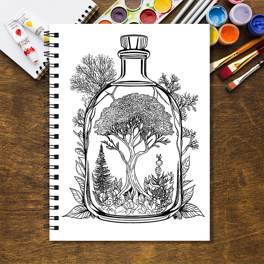 Small World in a Magic Bottle Adult Coloring Book - 8.3x 11.2 Inch 32 Page Coloring Book - Helps Reduce Stress and Ease Emotions