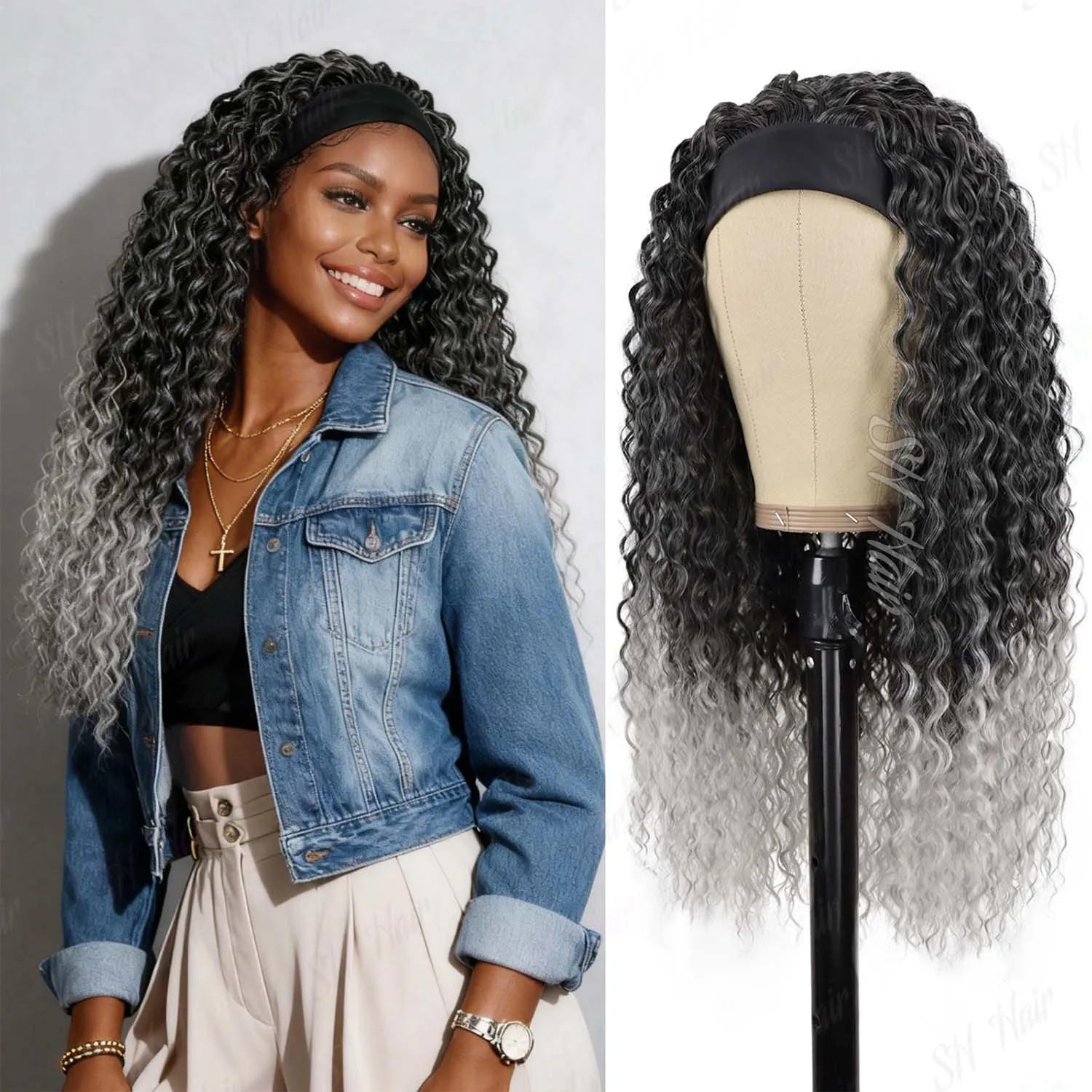 شعر مستعار صناعي رمادي اللون للنساء ذوات البشرة السمراء، موجة عميقة، 24 بوصة، شعر مستعار مجعد عميق للاستخدام اليومي للحفلات، شعر مستعار متعدد الألوان