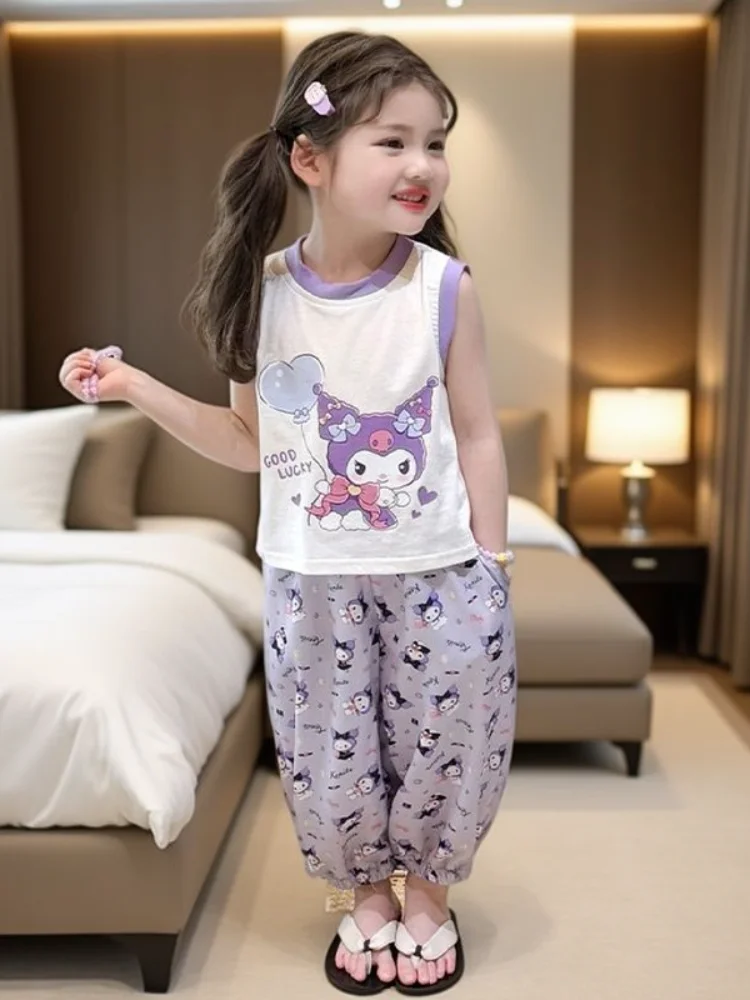

Sanrios, 2 шт., пижамы Kuromi, жилет, новый стиль, детские мягкие домашние брюки с героями мультфильмов, милые летние кавайные тонкие модные брюки, праздничный подарок