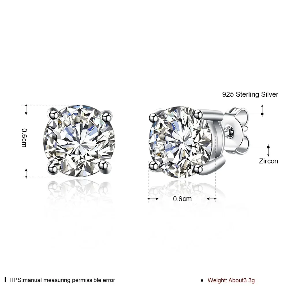 New Fine 925 Sterling Silver Diamond Stud Earrings for Women Fashion Charms Party Wedding Classic Jewelry Holiday Gifts