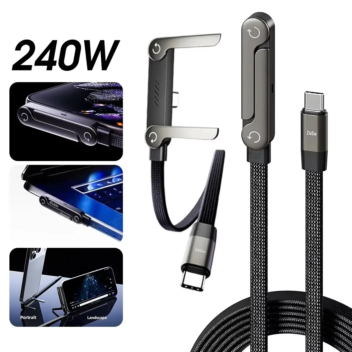 2-in-1 65W/240W Cable Super Fast Charging Foldable Cable Phone Holder Type-C Quick Charge Data Wire USB Line For Mobile Phone