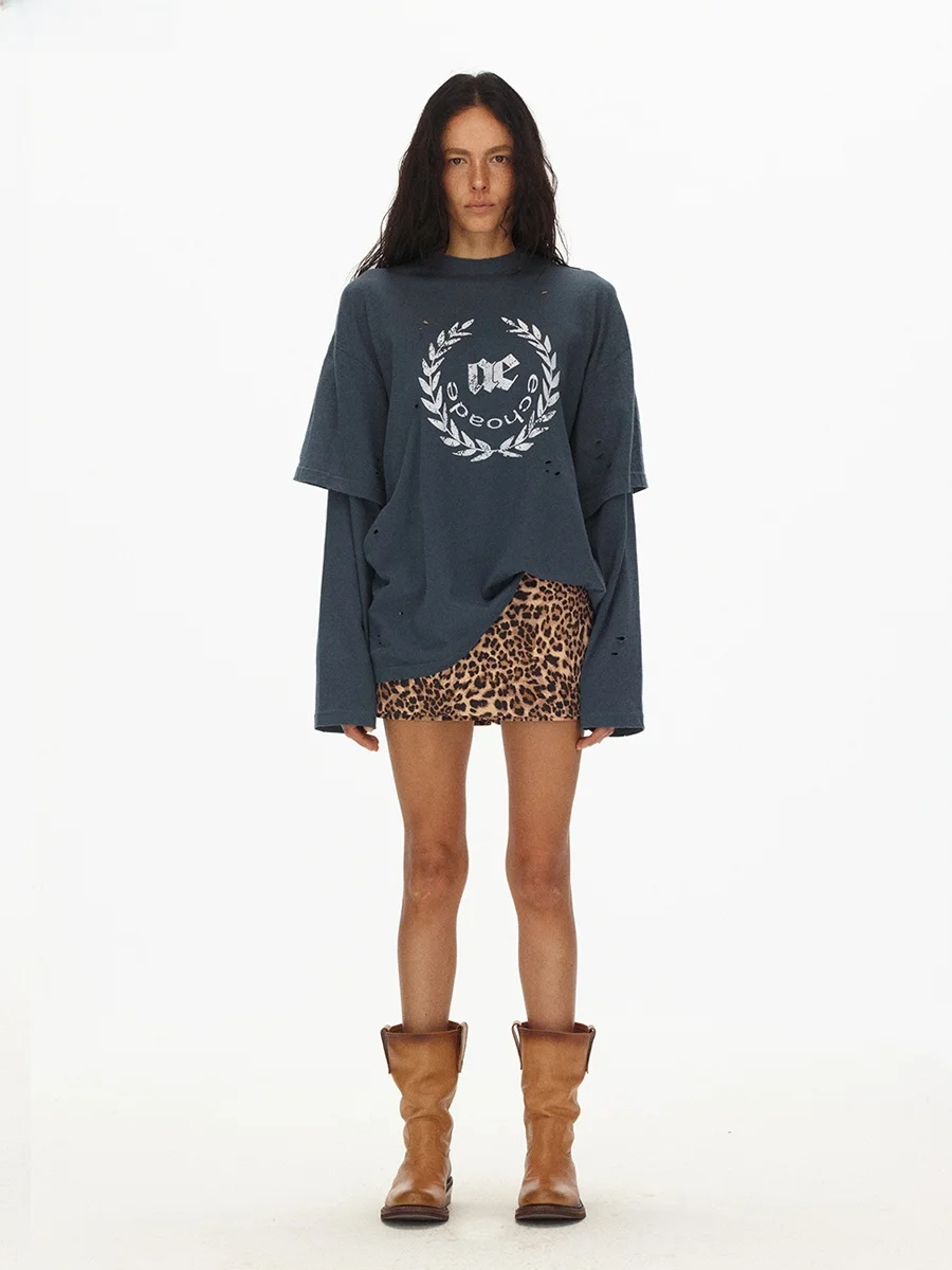 

Женская футболка Ade Soft с длинным рукавом, принтом, двойным дизайном рукавов, эффектом потертости, из хлопка, свободного кроя, с круглым вырезом