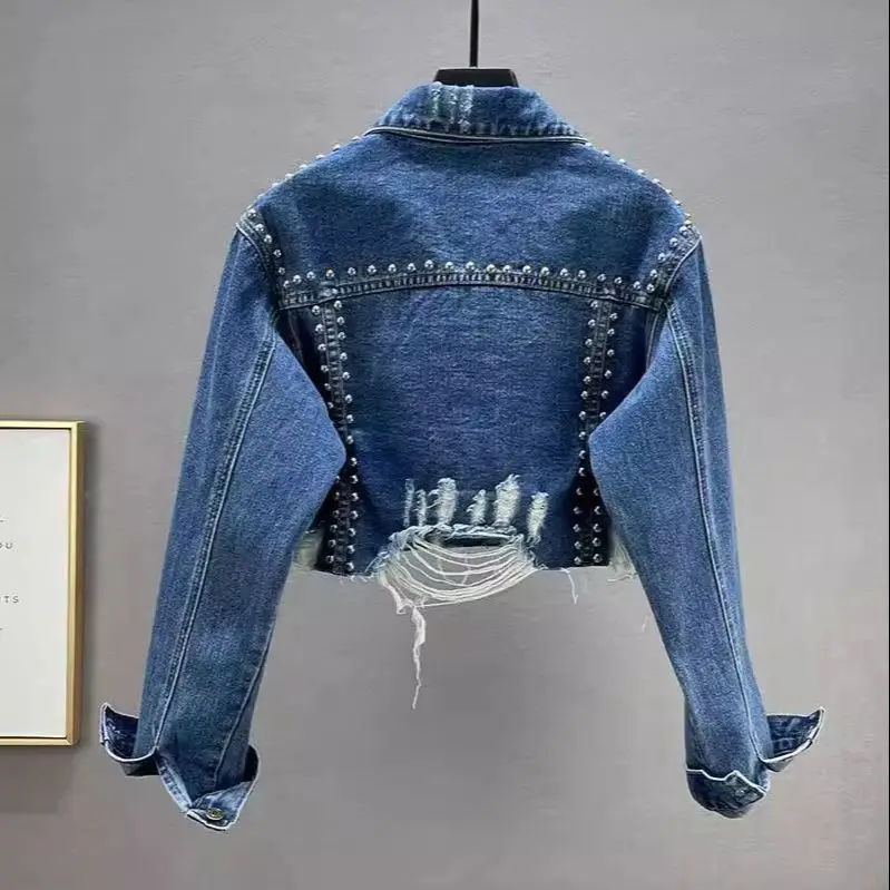 

Heavy Studs Rhinestone Denim Jacket Women Distressed Beaded Long Sleeve Coat Fashion Lapel Single Breasted Casual Outerwear