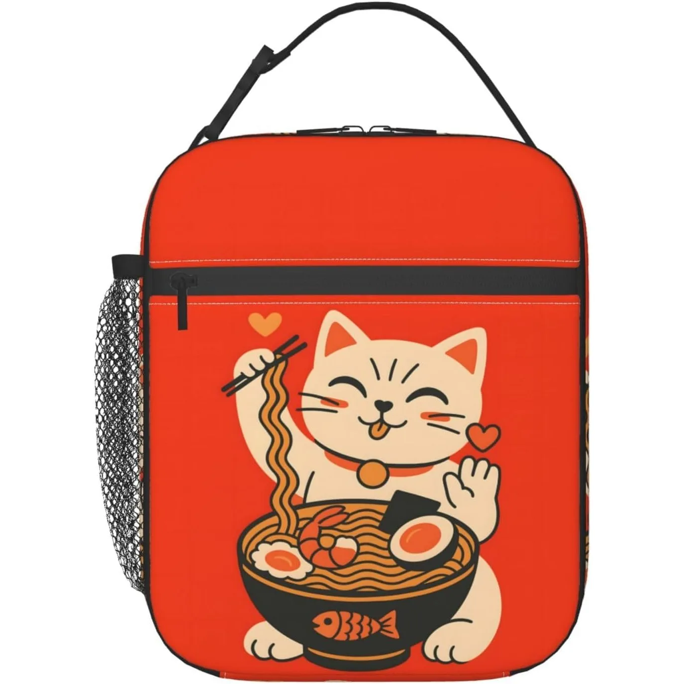 Ramen Cat Lunch Box for Women Girls, Japanese Noodle Cartoon Kitten Reusable Thermal Insulation Cooler Tote Bags