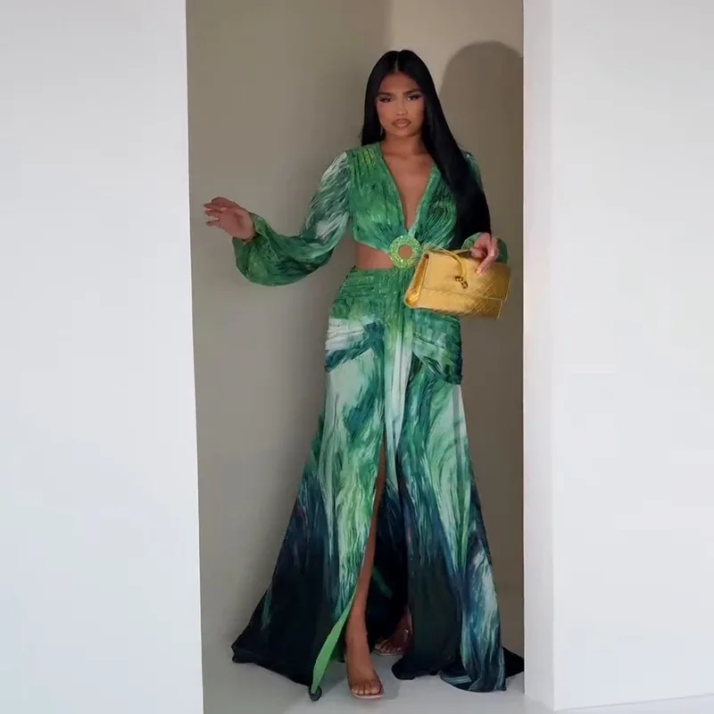 Abito da spiaggia floreale per le vacanze da donna sexy Elegante abito da festival tropicale con maniche lunghe Y2K con scollo a V scavato e spacco increspato