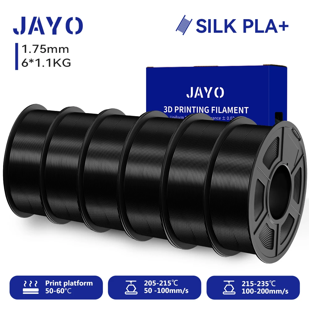 JAYO 6 Rollen SILK PLA + Filament 1,75 mm SILK PLA Plus Filament, glatte, seidige, glänzende Oberfläche, 3D-Filament, geeignet für FDM-Drucker