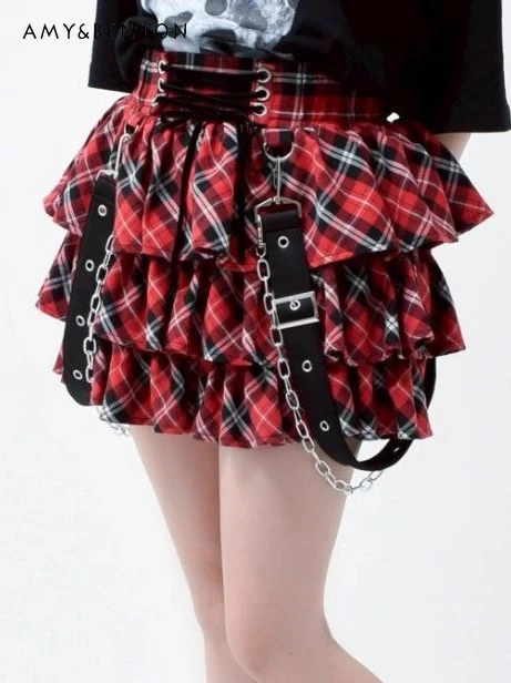 

Japanese Style Harajuku Subculture Punk Metal Chain Strap Embroidered Layered Cake Skirt Gothic Style Hot Girl Y2K Mini Skirt