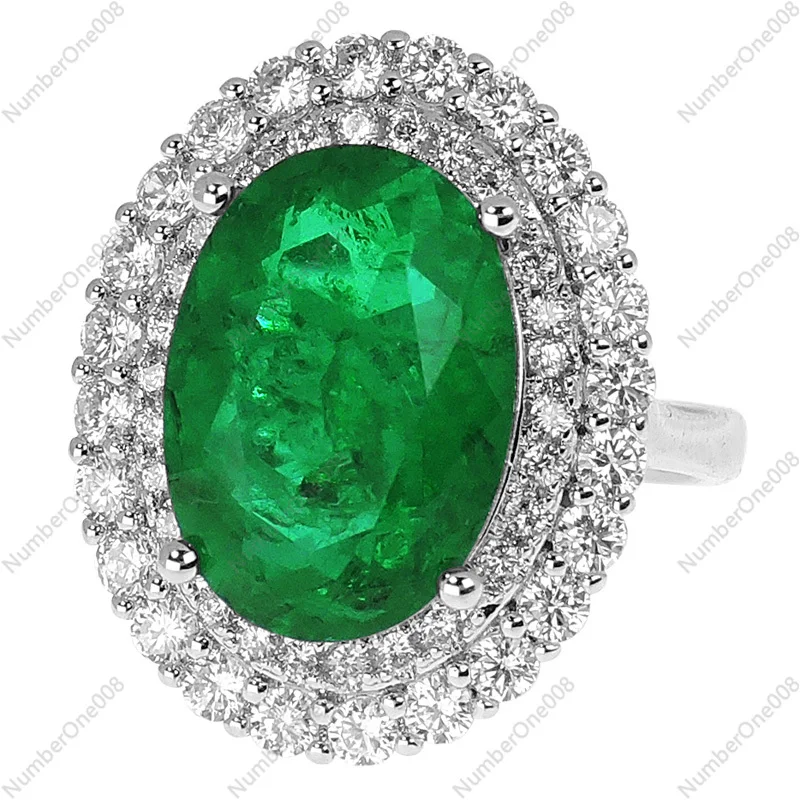 Huge Beauty! Seiko Inlaid Oval Egg-shaped Simulated Emerald Ring Women's Diamond-set Luxury Live Adjustable Exaggerated Food