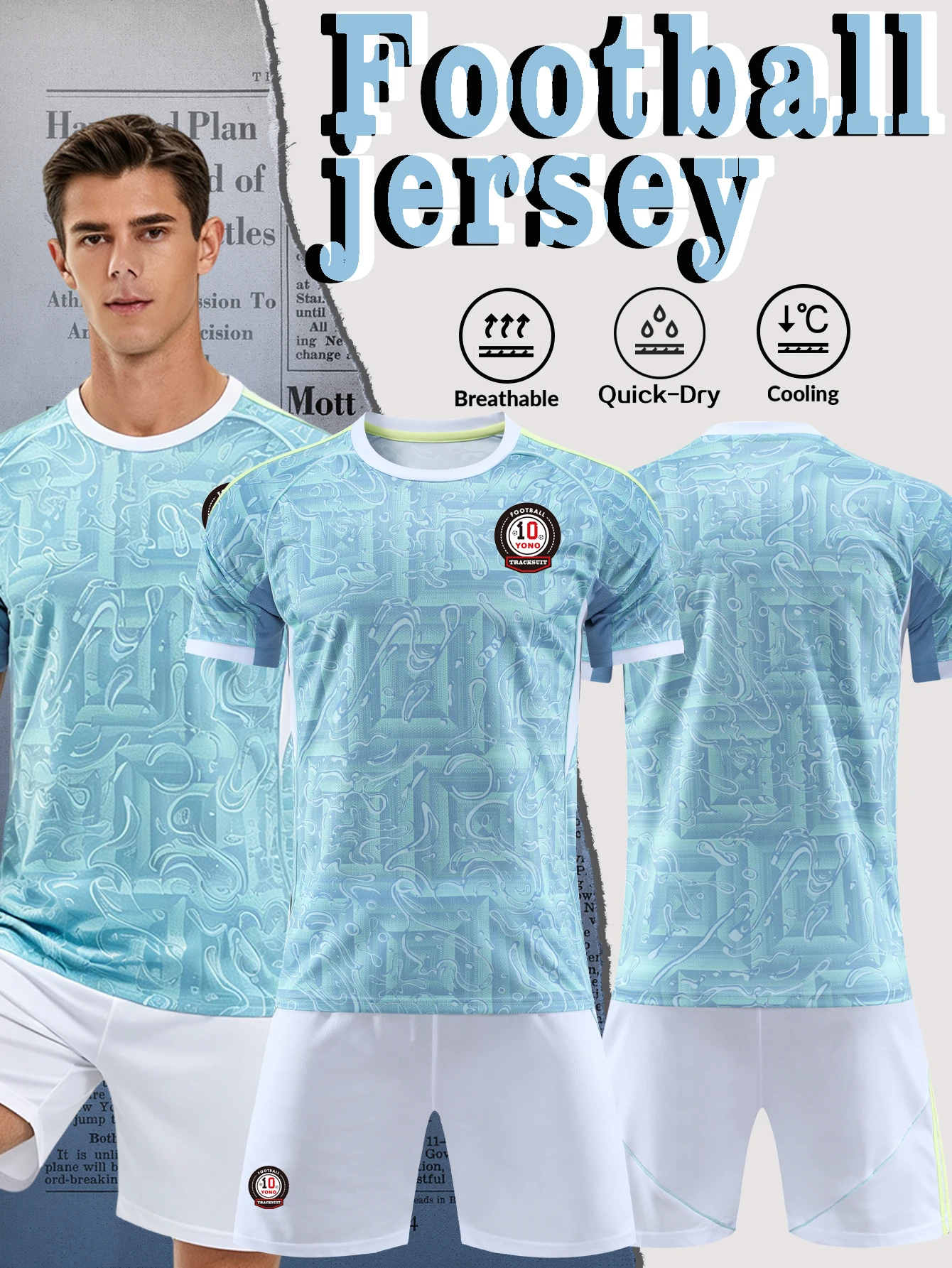 Men Light Blue Soccer Jersey Set Quick Dry Breathable Football Uniform Short Sleeve Shirt + Shorts Adult Training Sportswear Kit