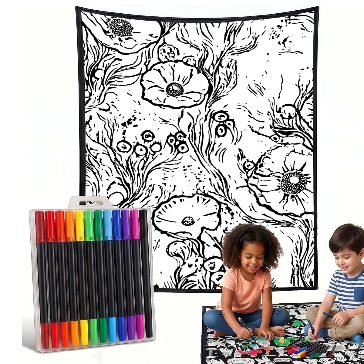 Deep Navy White Florals DIY Cozy Coloring Blankets -24 Markers, Cozy Velvet Ideal For Daily Use Home Decor And Kids Spaces