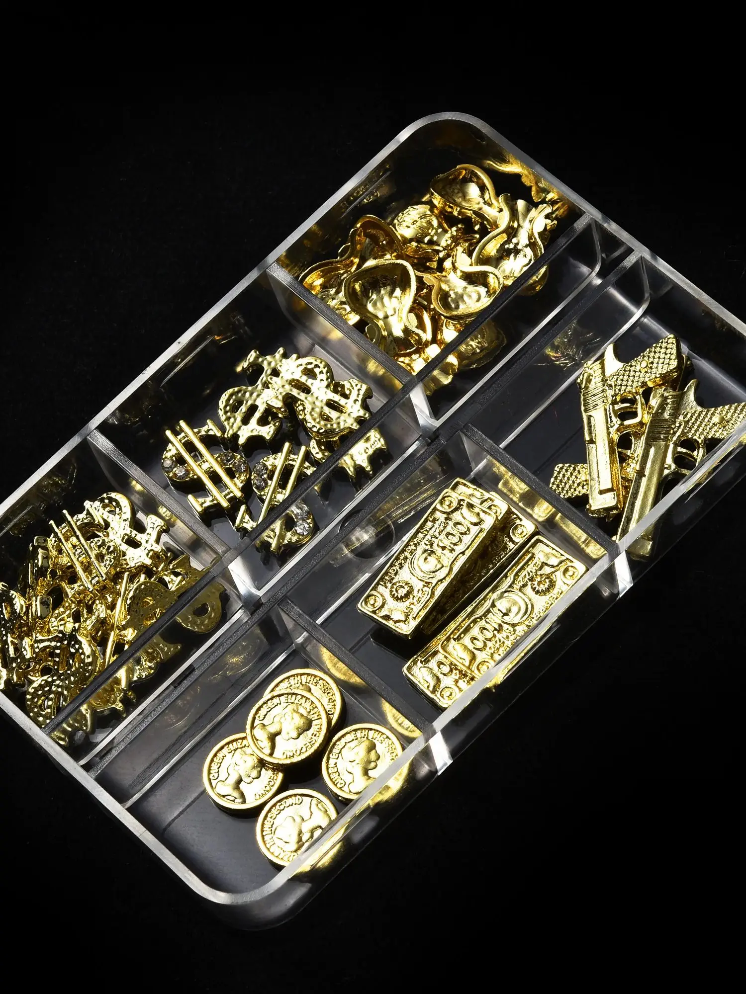 6-Fächer-Box-Set, 40-teilig, Neues Stylisches Nagelkunst-Schmuckdekor, Goldene Pistole & Geldbörse Metall-Accessoires – Detail 2