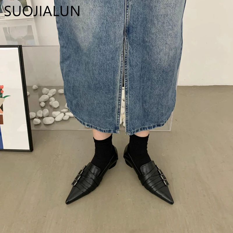 SUOJIALUN 2023 Autumn Ladies Women Flat Shoes Fashion Brand Buckle Women Elegant Laofer Shoes Flat Heel Slip On Dress Ballerinas