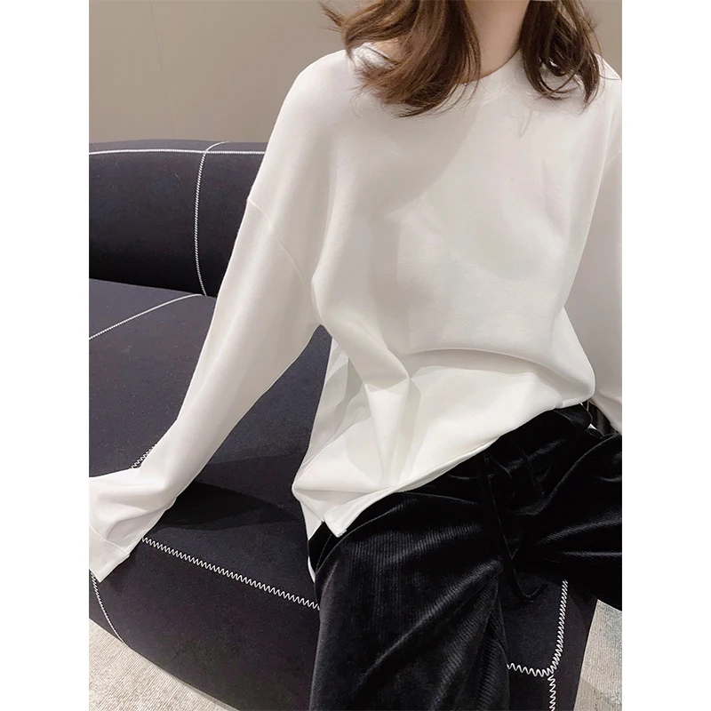 

Утепленная флисовая толстовка с круглым вырезом, средней длины, белая, повседневная, женская, свободного кроя, осень 2024, с начесом, для отдыха, модная