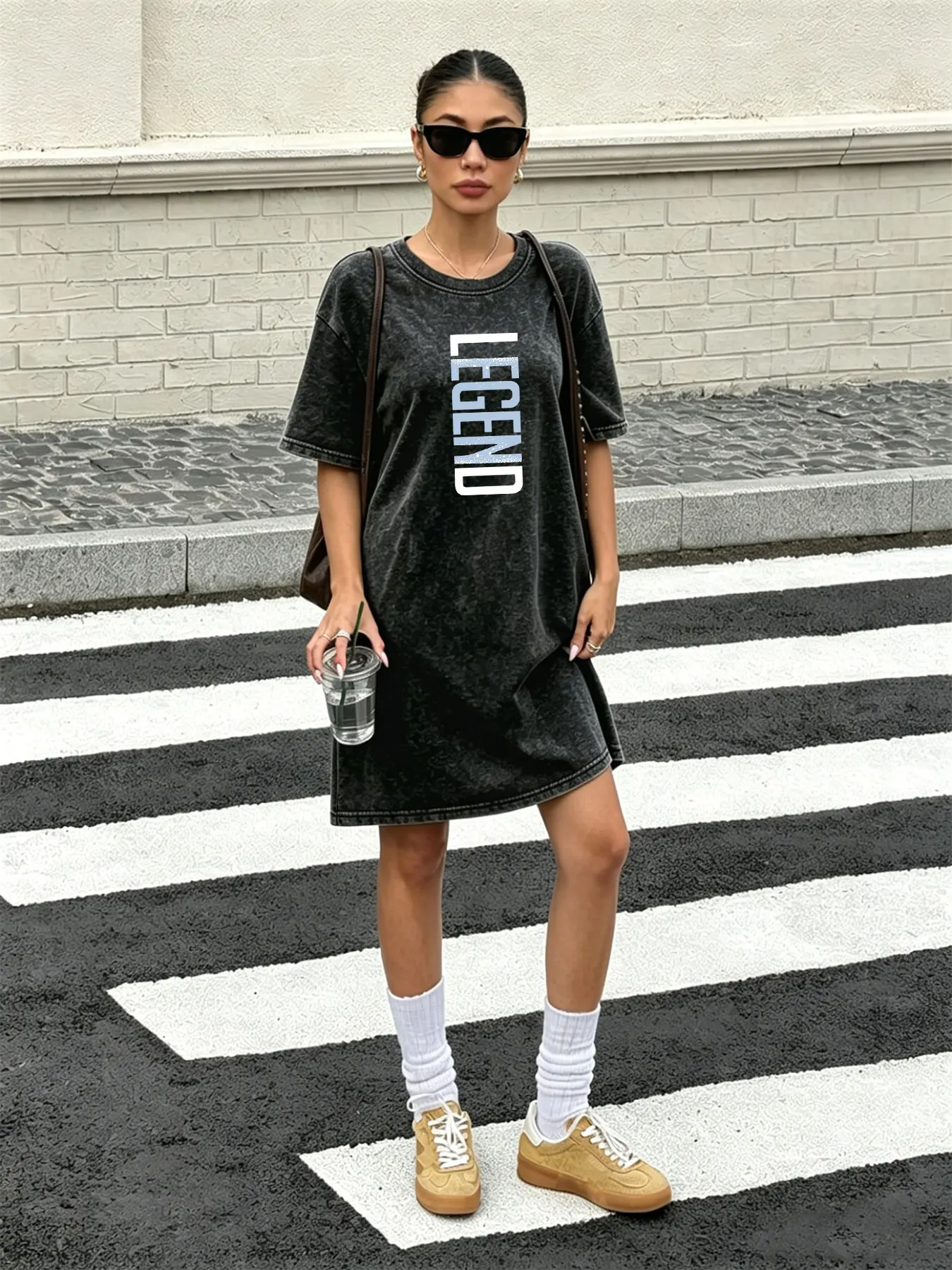 Vintage Washed Distressed T-Shirt-Kleid für Damen, Modisches Streetwear-Markenkleid mit zweifarbigem Schriftzug