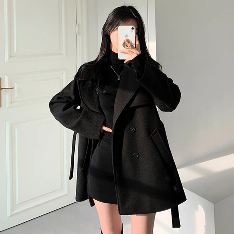 Vintage Tailored Coat Notched Wool & Blends Belt Waist Autumn 2025 Trench Jacket Women Top