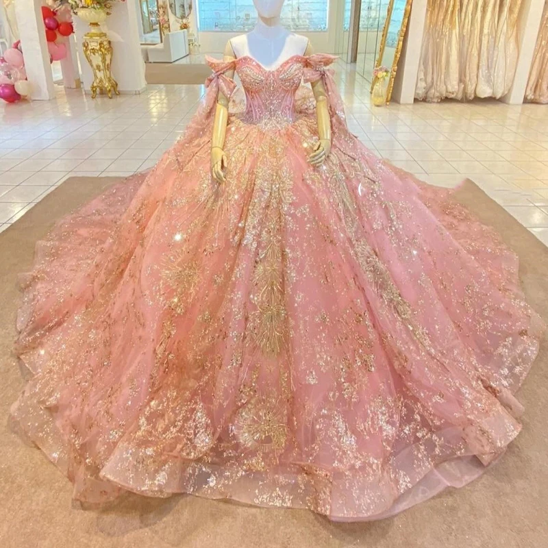 Pink Glitter Quinceanera Ball Gown Off The Shoulder Sequins Gold Applique Lace Beads Crystal Prom Dresses Sweet 16 Dress Vestido