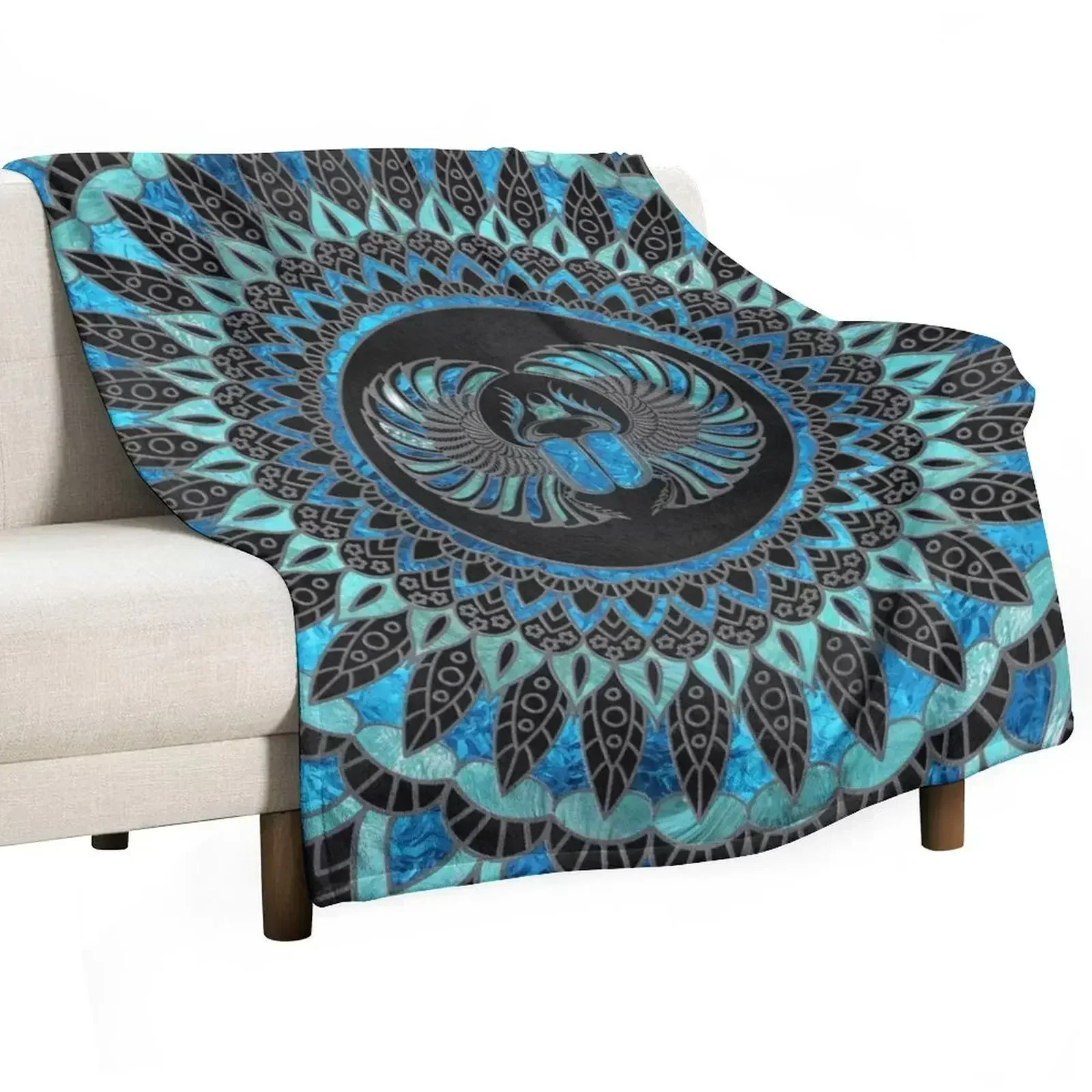 Egyptian Scarab Beetle - Gold and Blue glass Throw Blanket Heavy Hairys Soft Plaid sofa bed Blankets