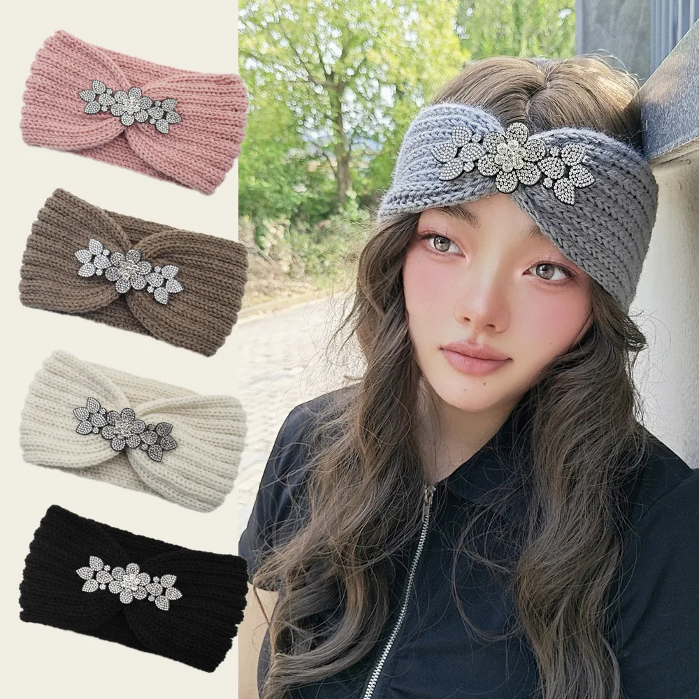 

Rhinestone Headband Elastic Ear Warmer Knitted Headwrap Turban Wide Brim Headwear for Women Girl Winter Fashion Hair Accessories